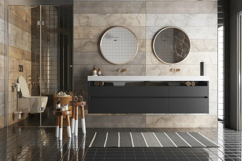 Matte black undersink cabinets as an emerging bathroom trend
