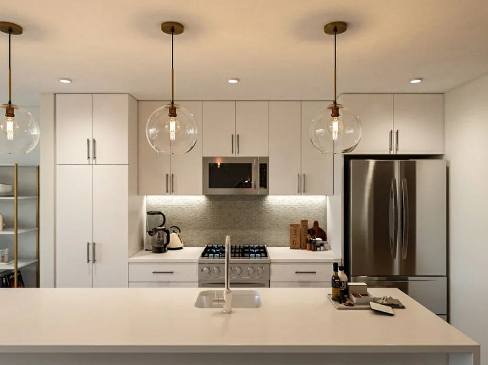 Modern open concept kitchen with white cabinets