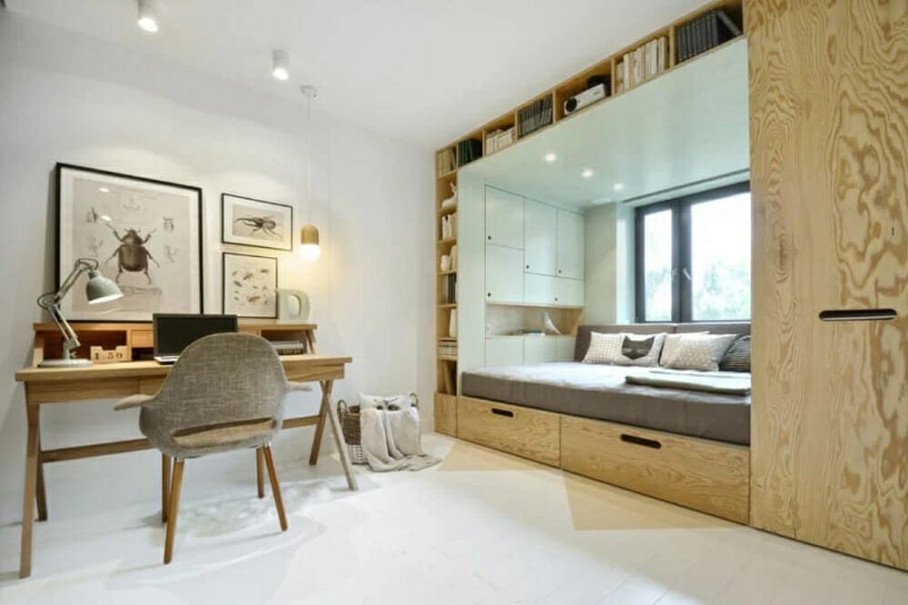 Neat bedroom and study area with ample storage a tip on how to make a room look bigger
