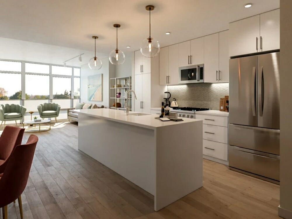 open concept kitchen living room and dining room