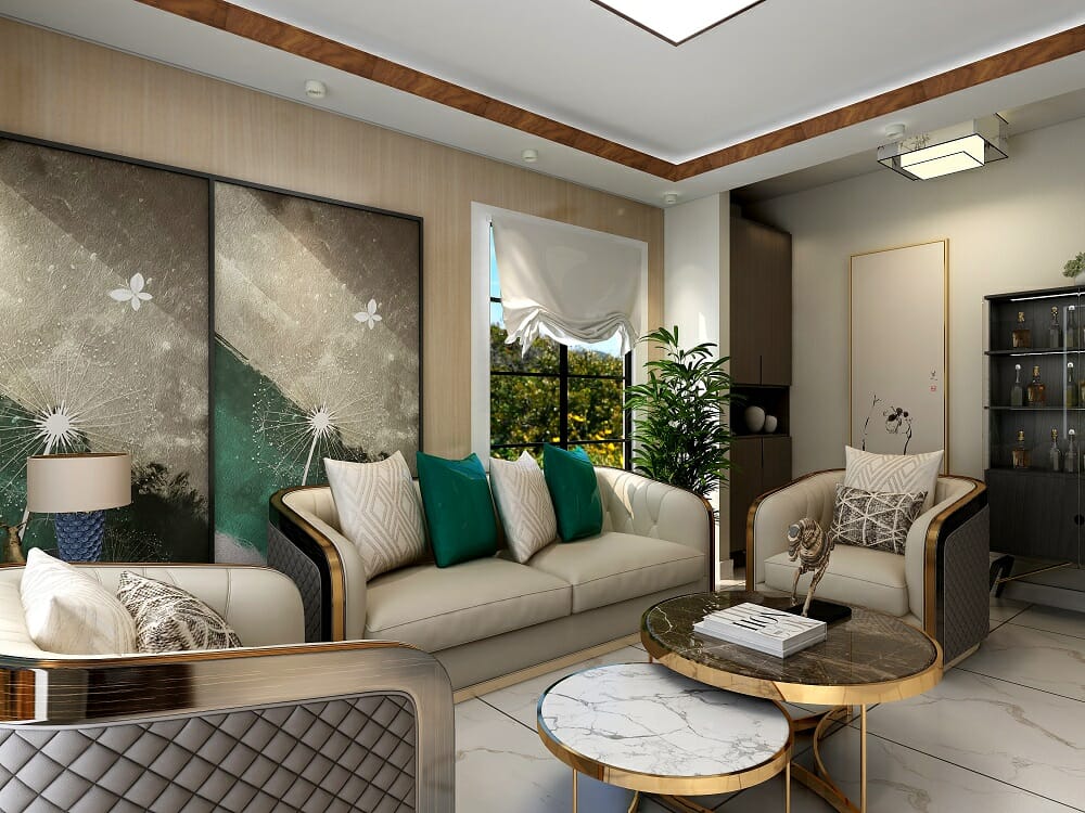 Transitional glam living room wirh gold, marble and green accents by online interior decorator Kassondra Leigh