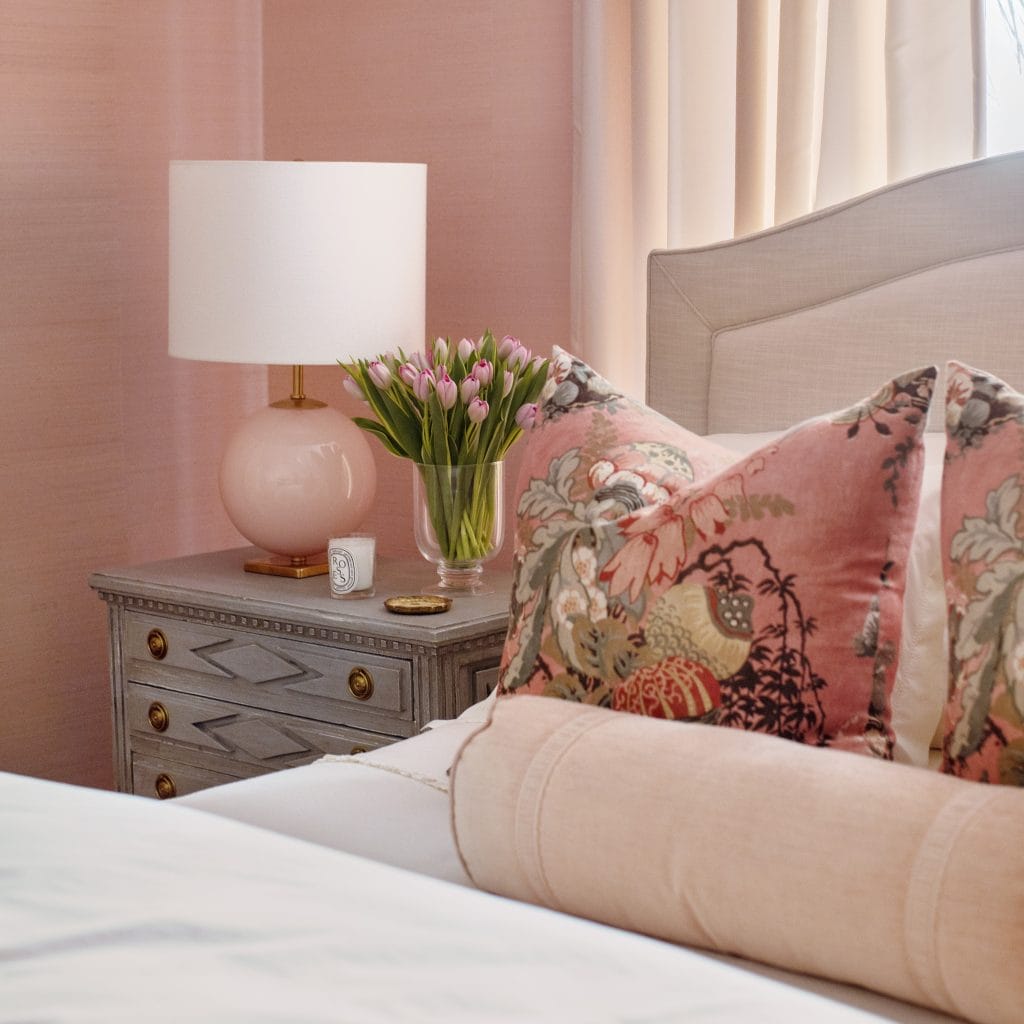 Valentine's Day pink home decor ideas in a bedroom by Decorilla designer, Lauren L.