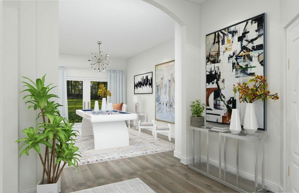 White contemporary dining room design by online interior decorator Kassondra Leigh