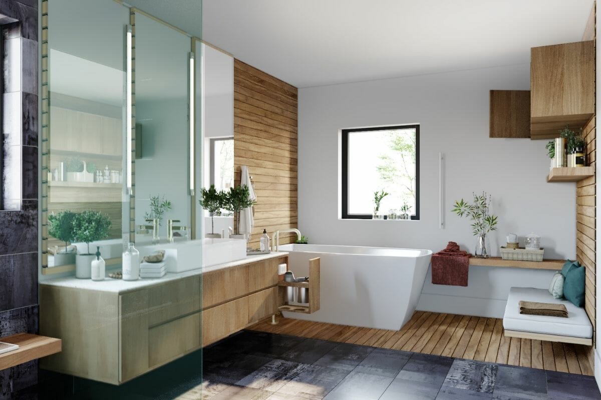 contemporary bathroom design with natural wood, floating shelves and 2021 bathroom trends