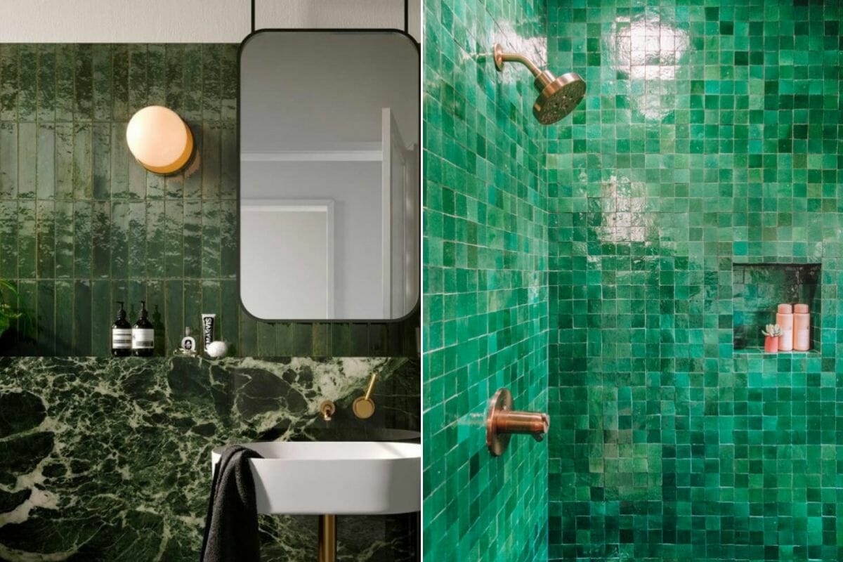olive green vertical metro tiles as bathroom tile trends 2021