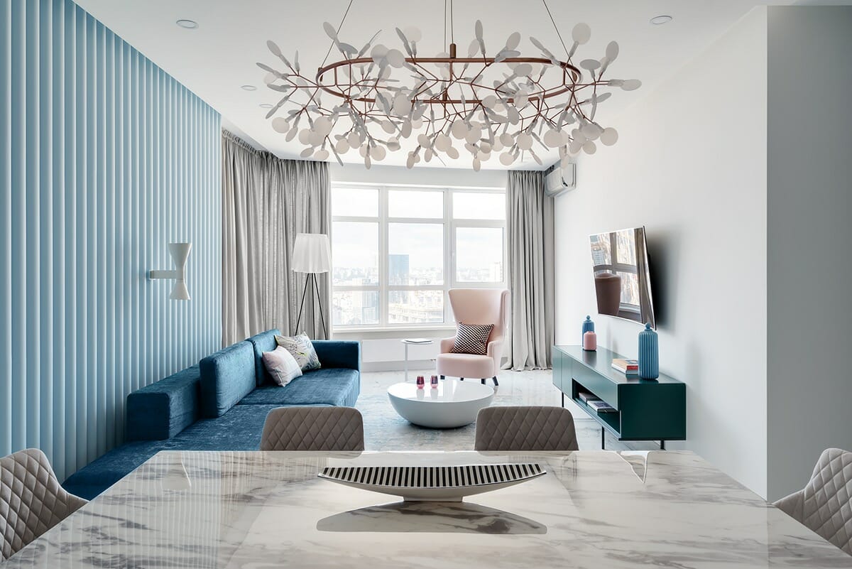 Accent walls in living room using soft blues