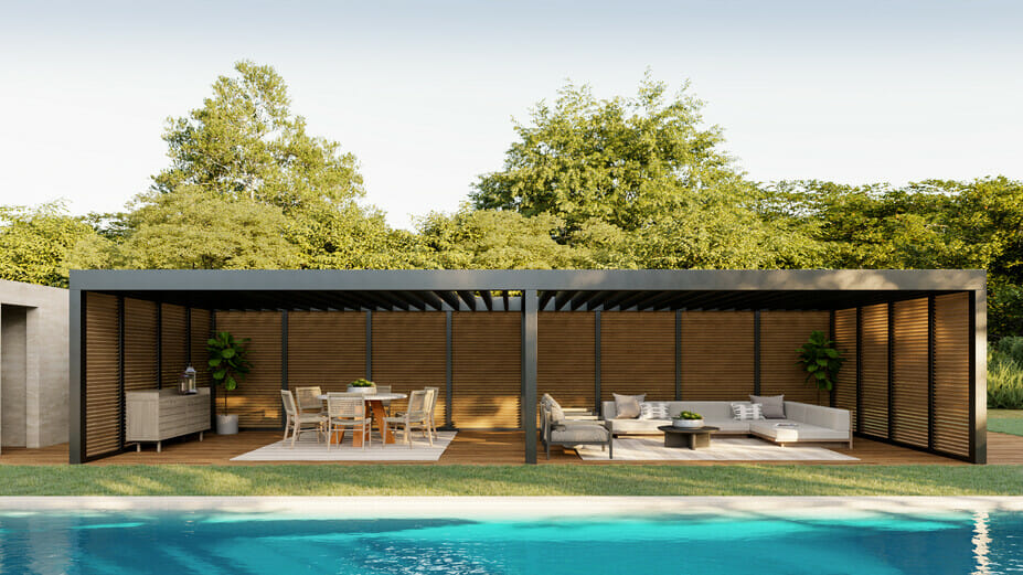 Beautiful swimming pool pergola with dining and lounge poolside furniture