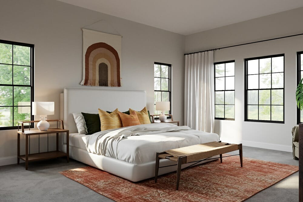 Eclectic bedroom full of texture and personality by online interior designer Drew Facey