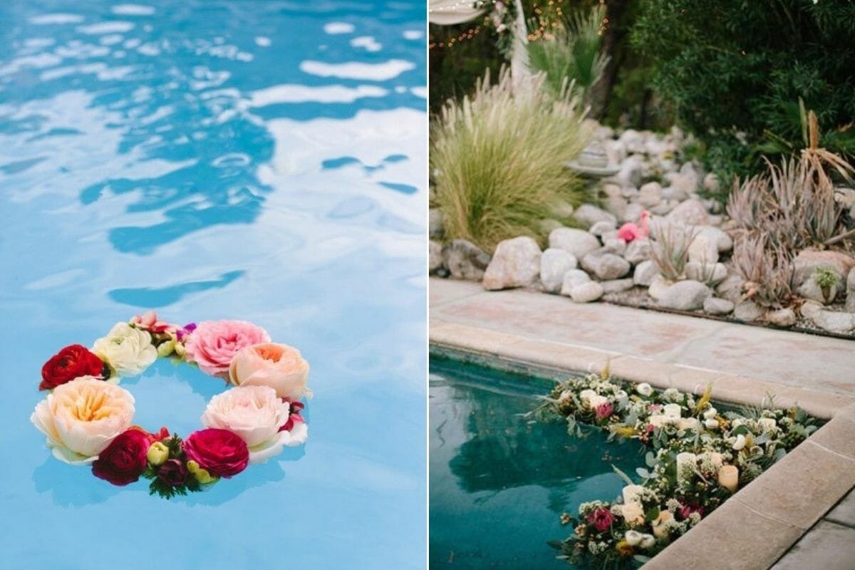 Floating poolside decorating with flowers