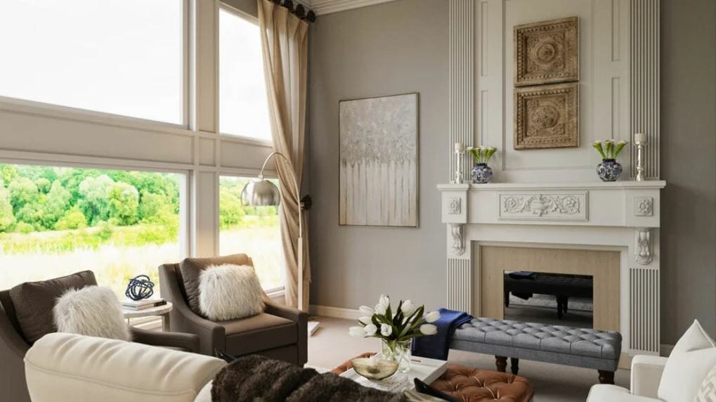 Grey and beige transitional great room with cream and blue accents