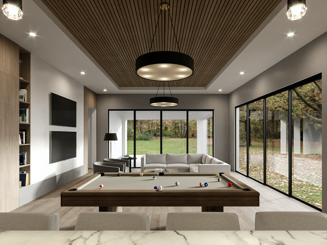 In home bar design with a pool table and lounge area