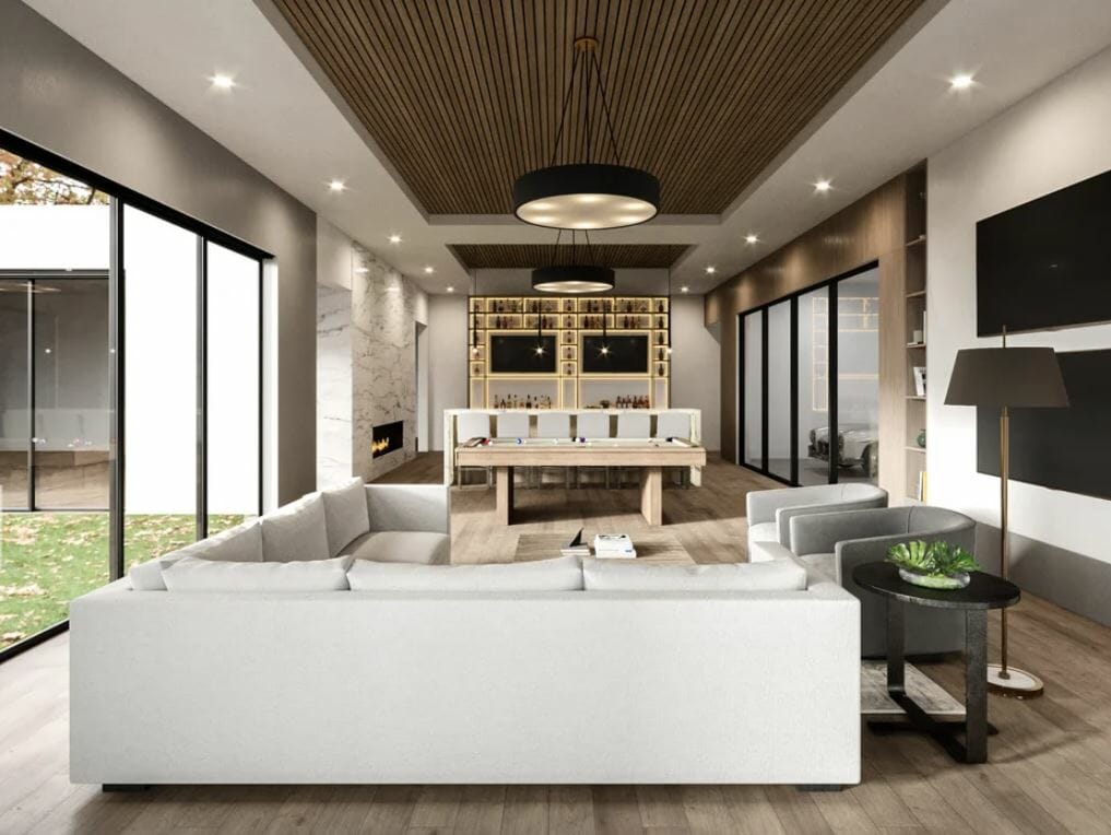 In home bar design with a pool table and lounge area