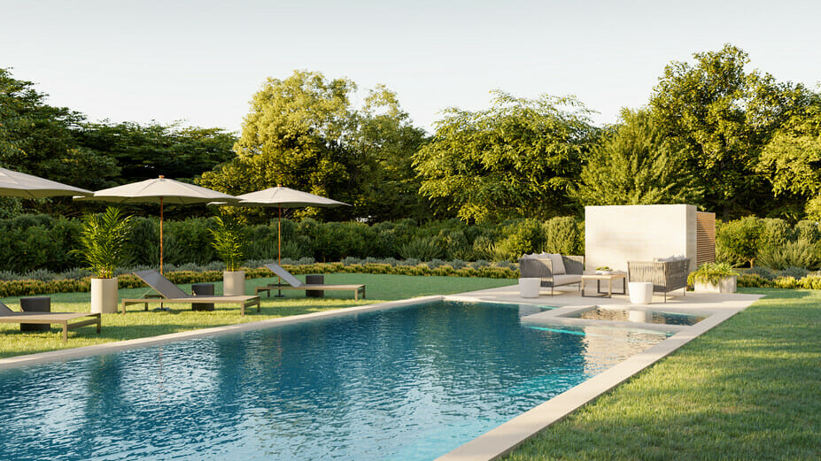 Lush poolside decor with hedges for privacy