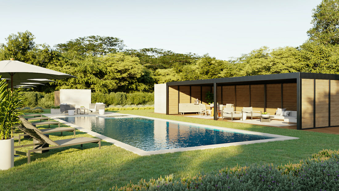 Luxurious poolside patio by online interior designer, Drew F.