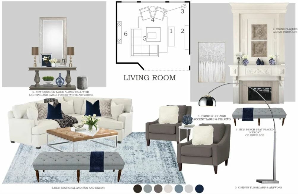 Mood board for a transitional great room design with decor and fireplace ideas