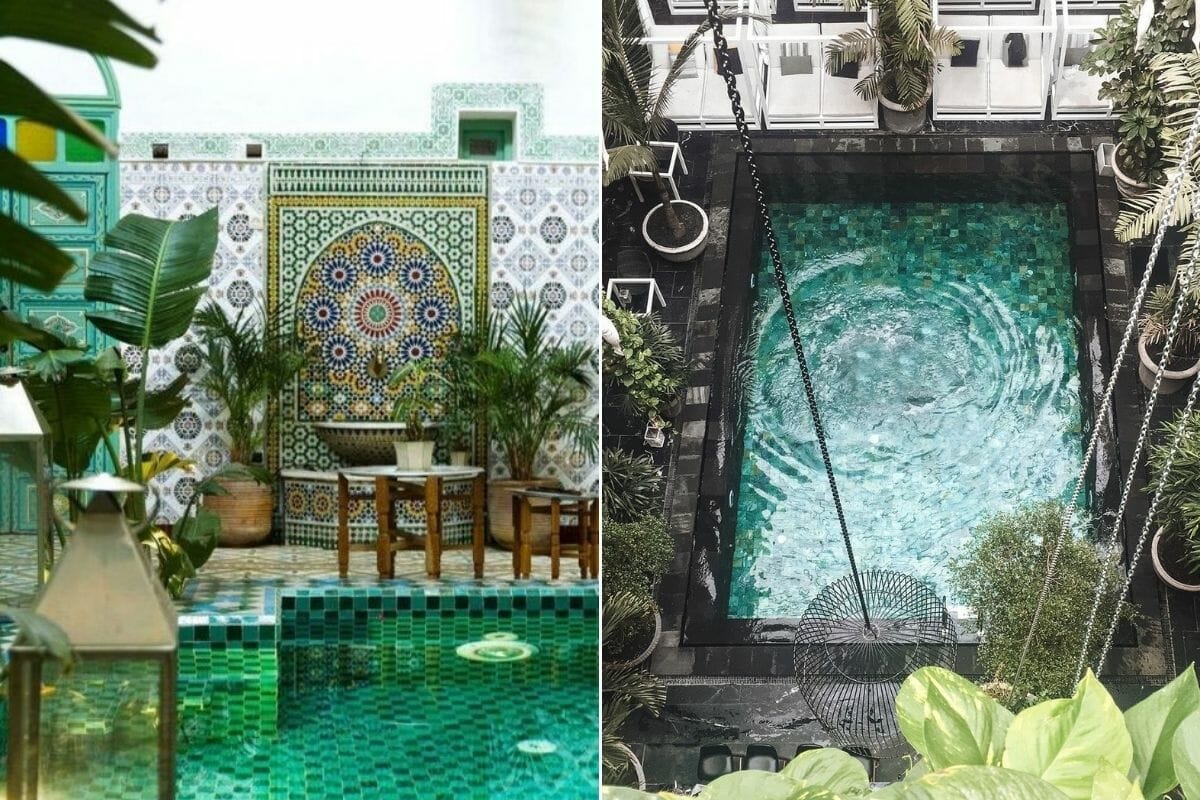 Mosaic and tiles create colorful pool patio decor