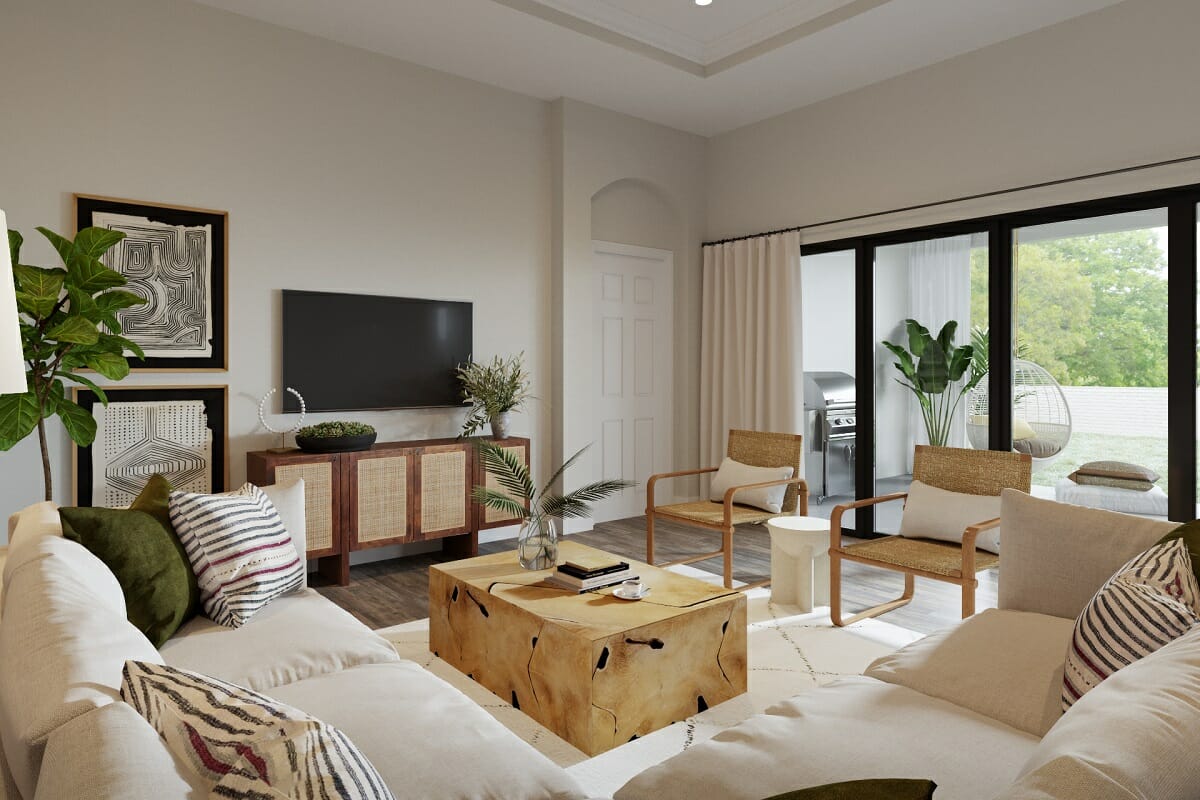 Neutral living room with character by online interior decorator Drew F