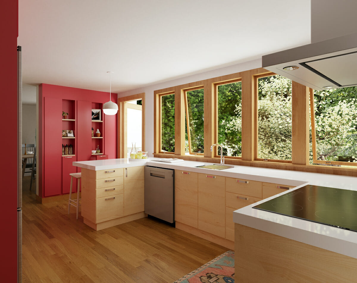 Scandinavian kitchen with a stunning red accent wall