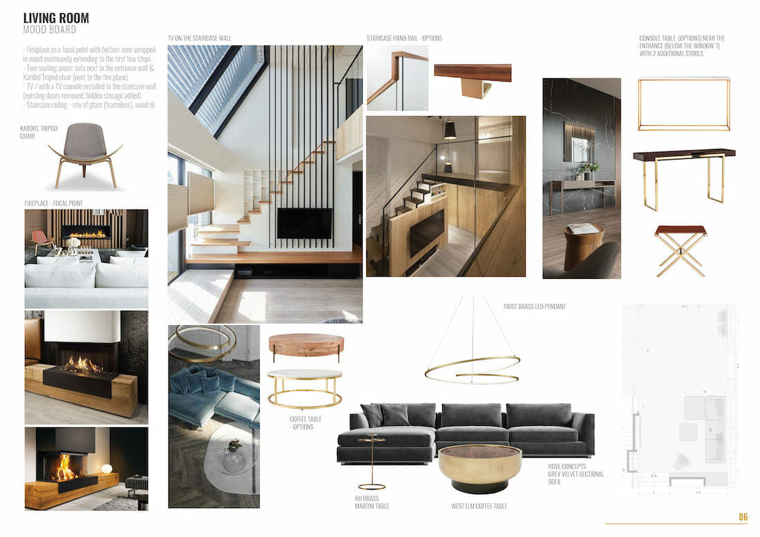 contemporary home remodel living room design board