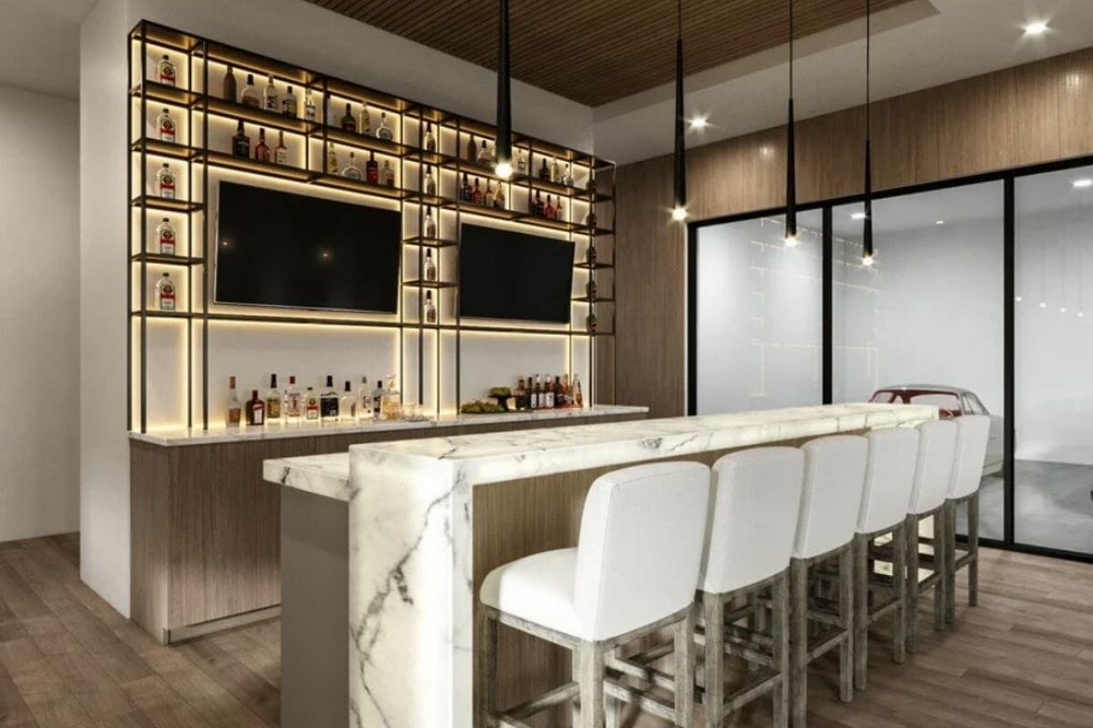 modern home bar design with onyx countertop wet bar and garage showroom