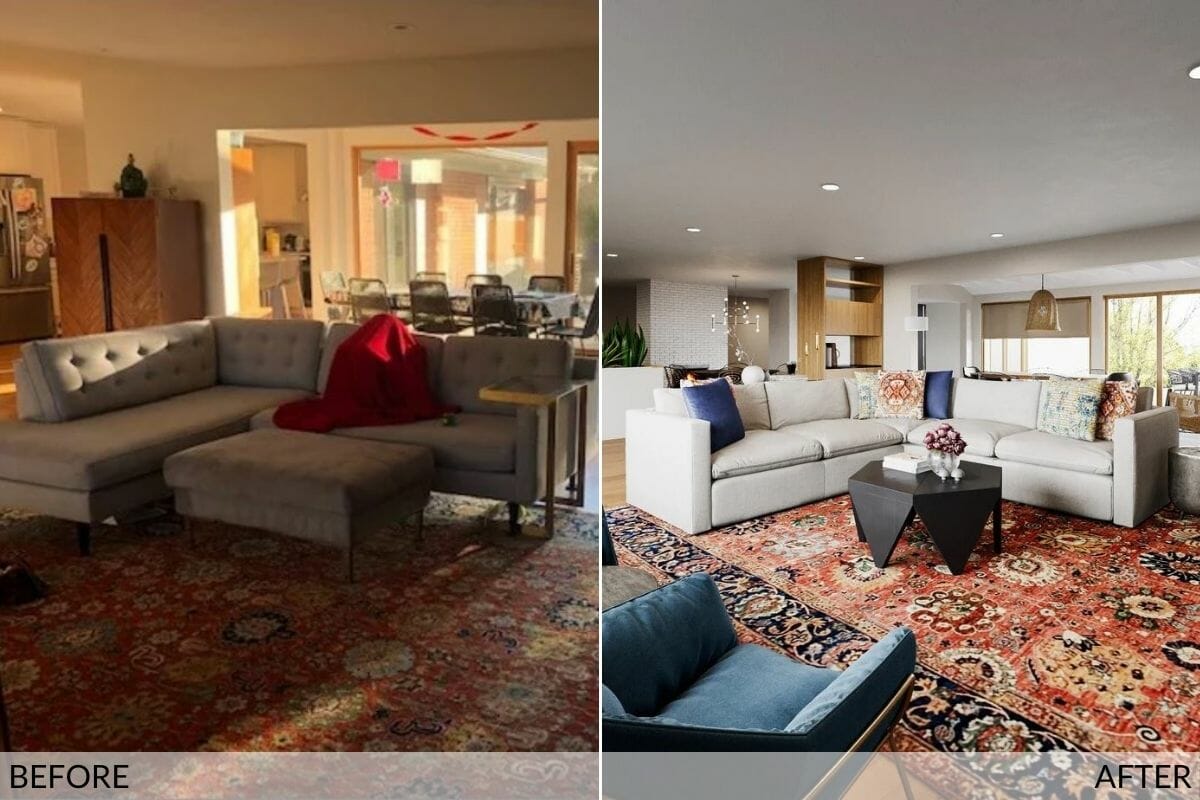 Before and after the transformation into an eclectic style living room