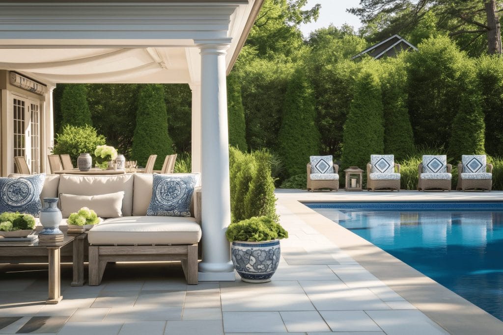 Blue poolside decoration ideas by Decorilla