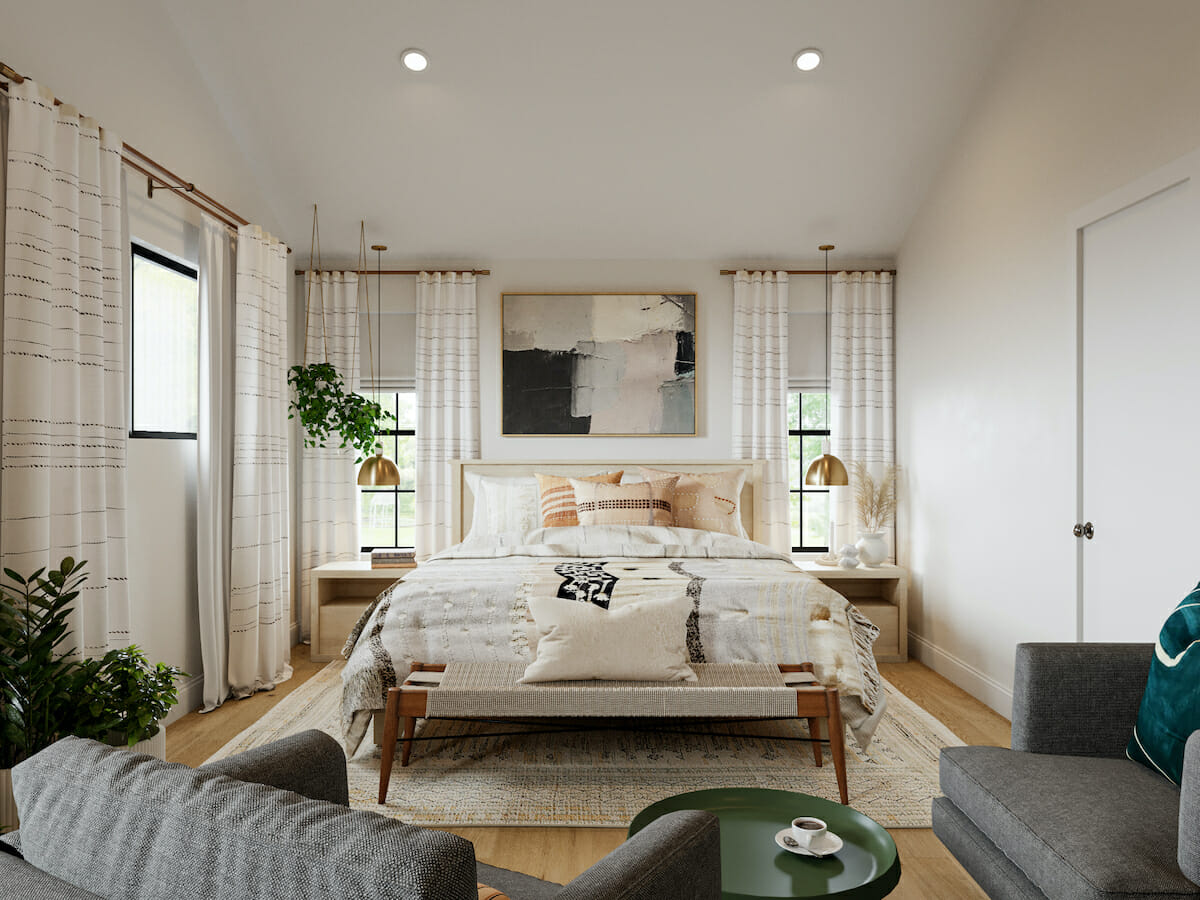 Bohemian bedroom by Decorilla online interior designer Courtney B