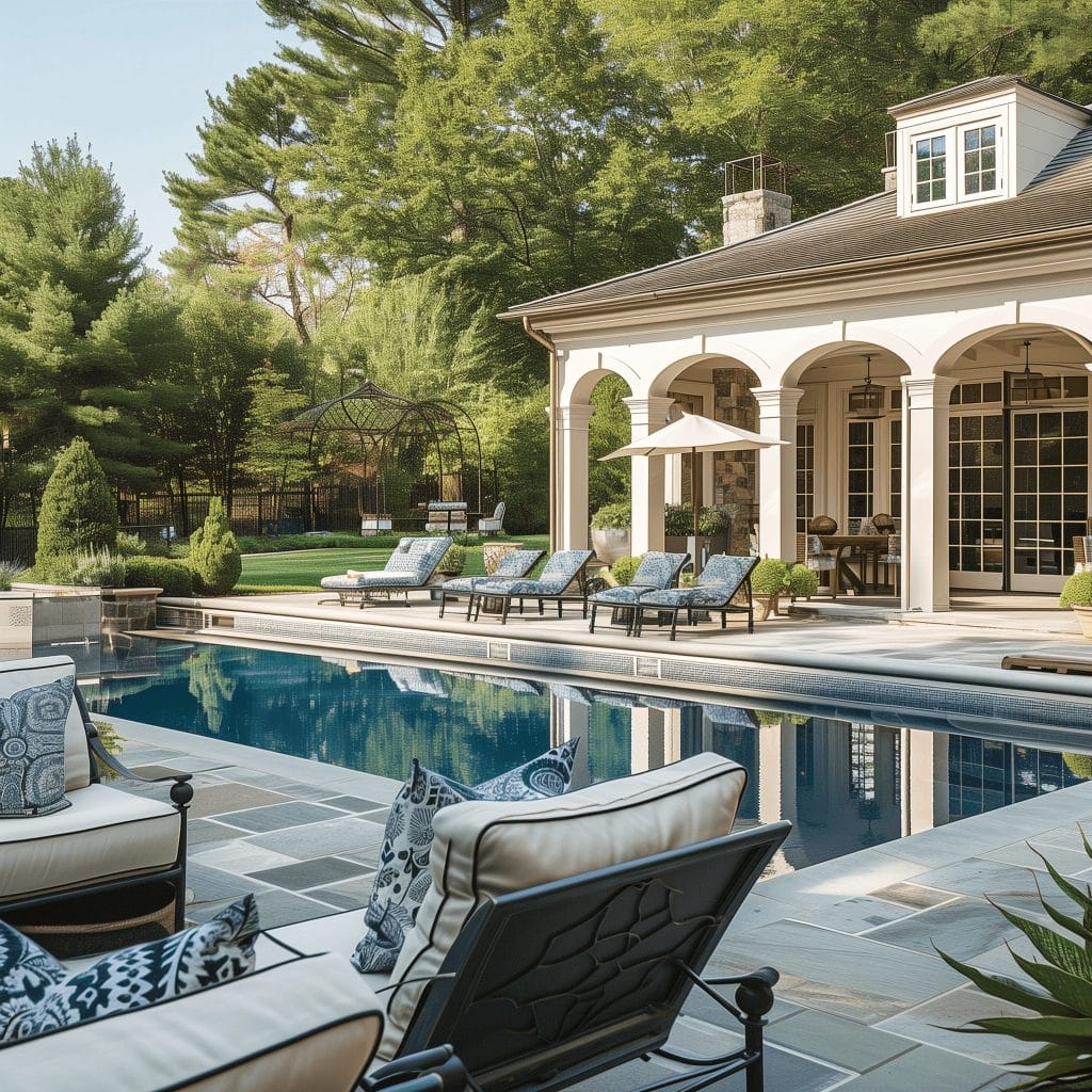 Ceramic tiles as functional pool decor in a patio by Decorilla