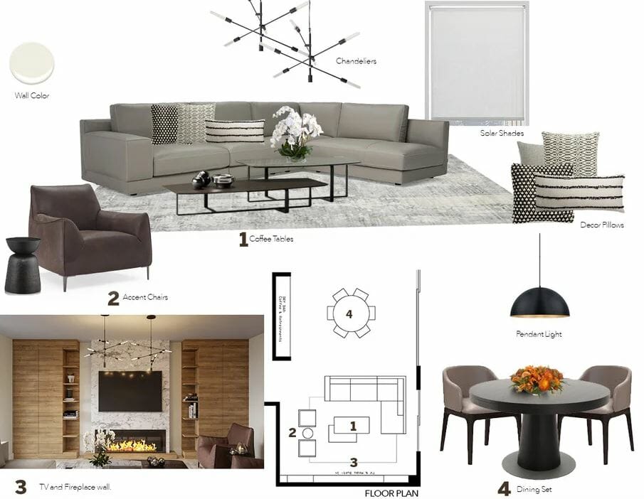 Contemporary mood board for a home addition - living and dining room