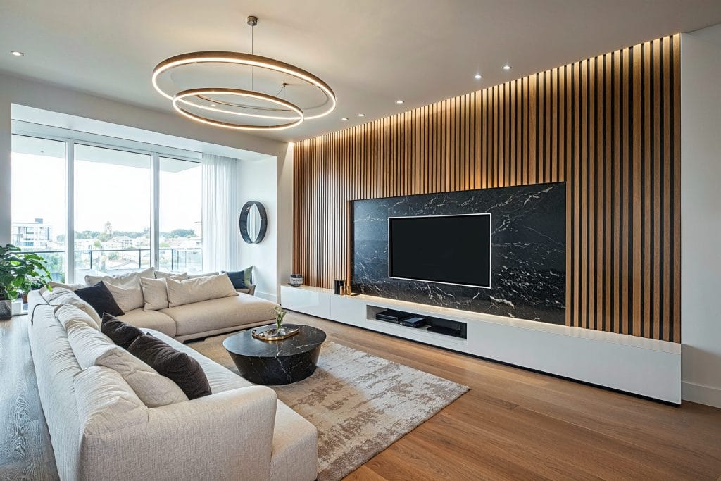 Contemporary room makeover with a large wall-mounted TV, by Decorilla