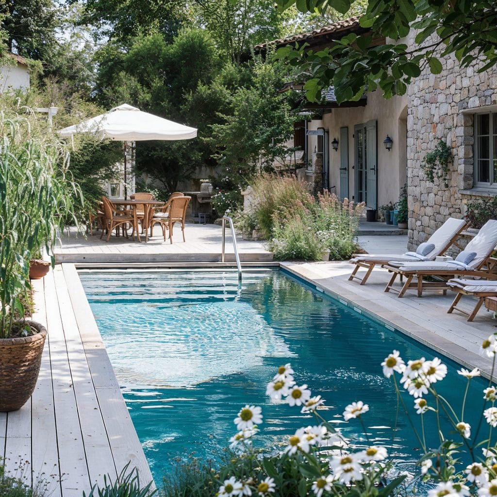 Cozy poolside with curated cottage chic decor by Decorilla