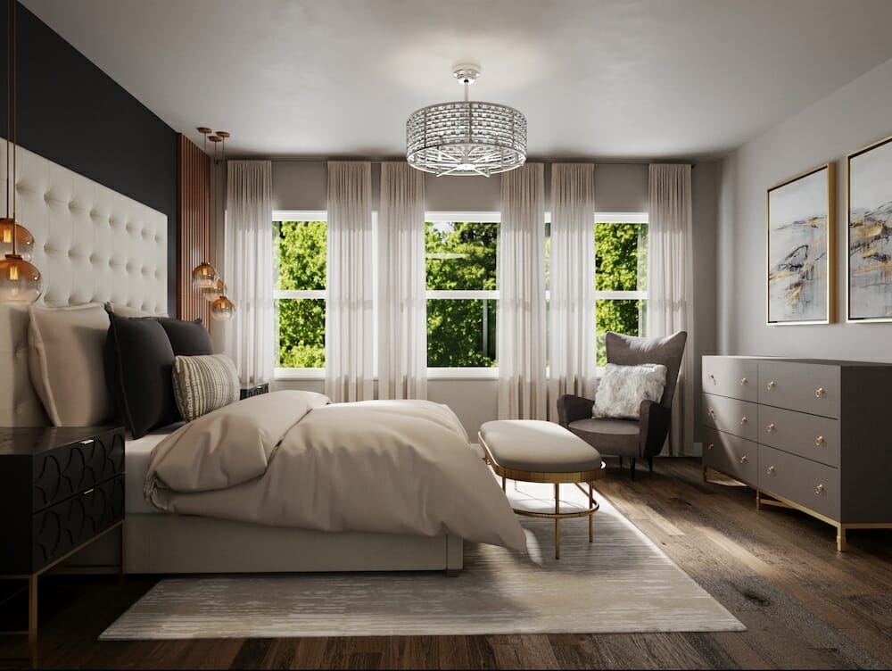 Glam master bedroom by Decorilla designer Courtney B.