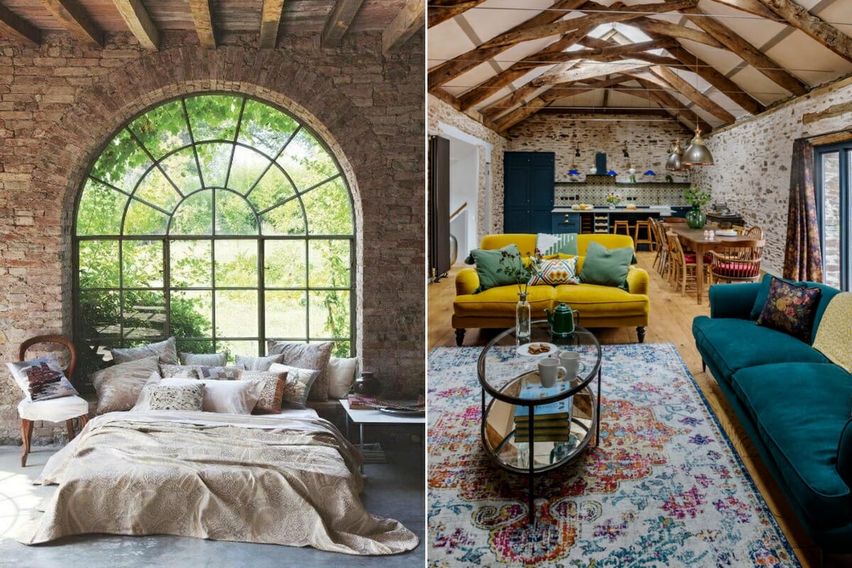 Industrial chic decor in a small barn open concept lounge and kitchen and bedroom