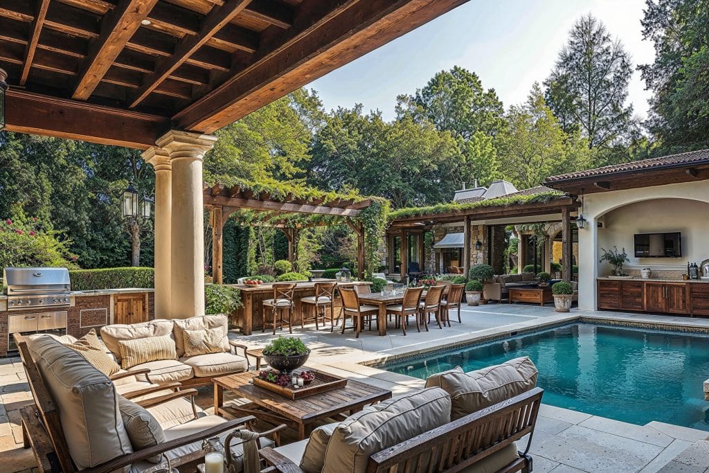 Lavish pool decoration in an outdoor living room by Decorilla