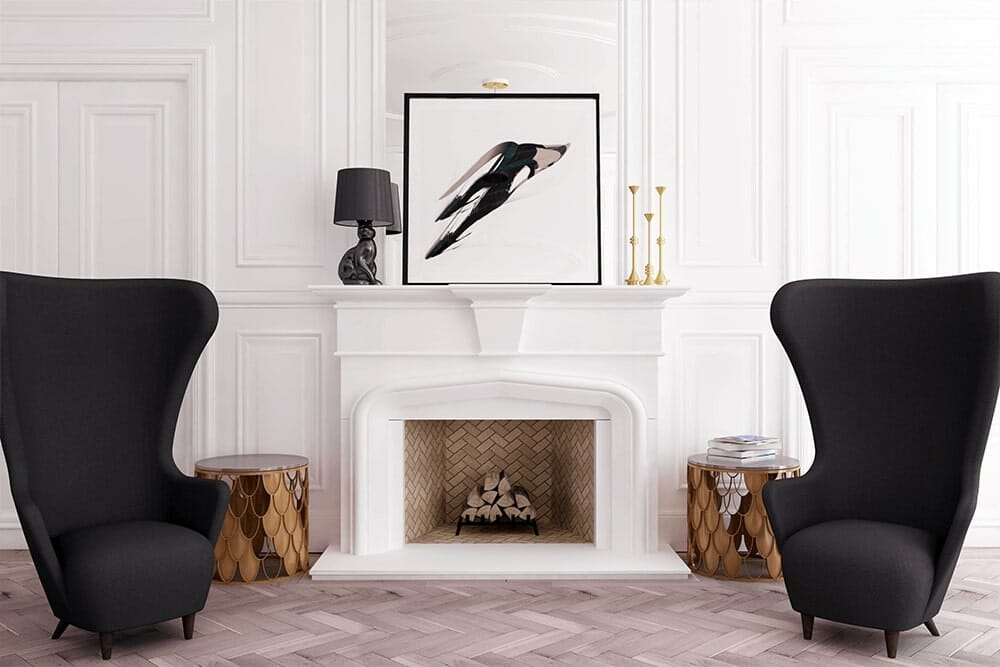 Parisian chic living room arrangements with a fireplace