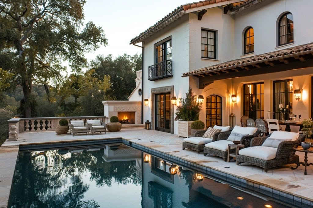 Poolside fireplace and pool decoration ideas by Decorilla