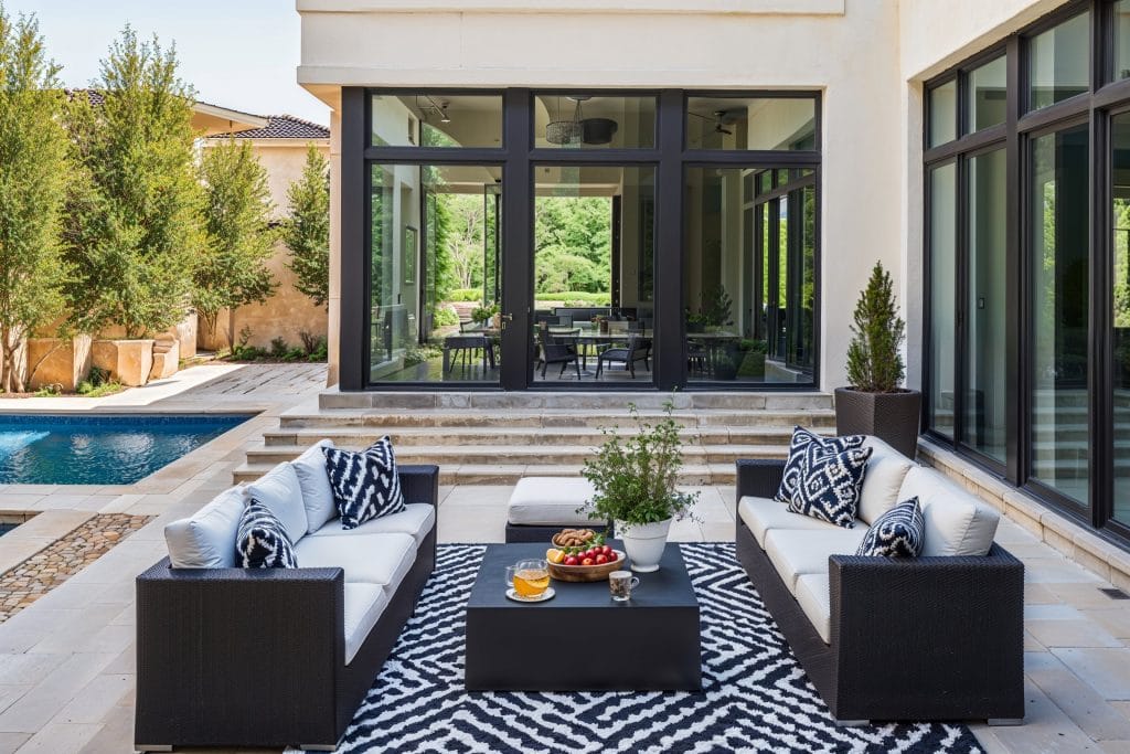 Poolside lounge decor with an outdoor rug and complementing cushions, by Decorilla