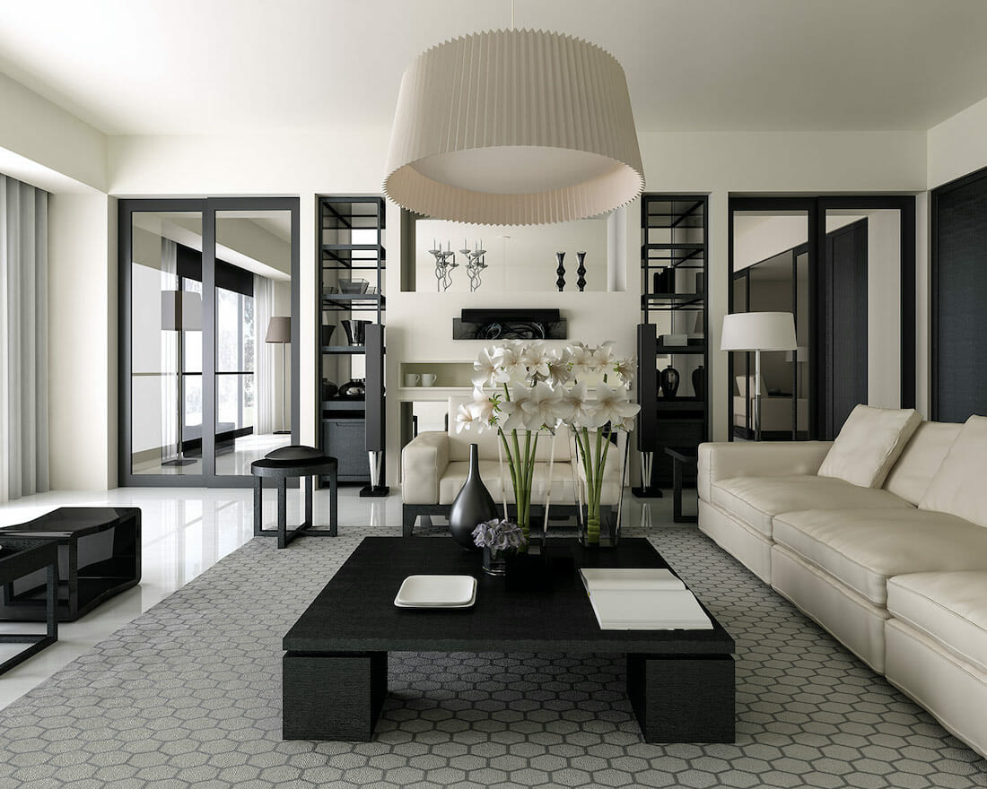 Rectangular living room layouts with black and white color scheme