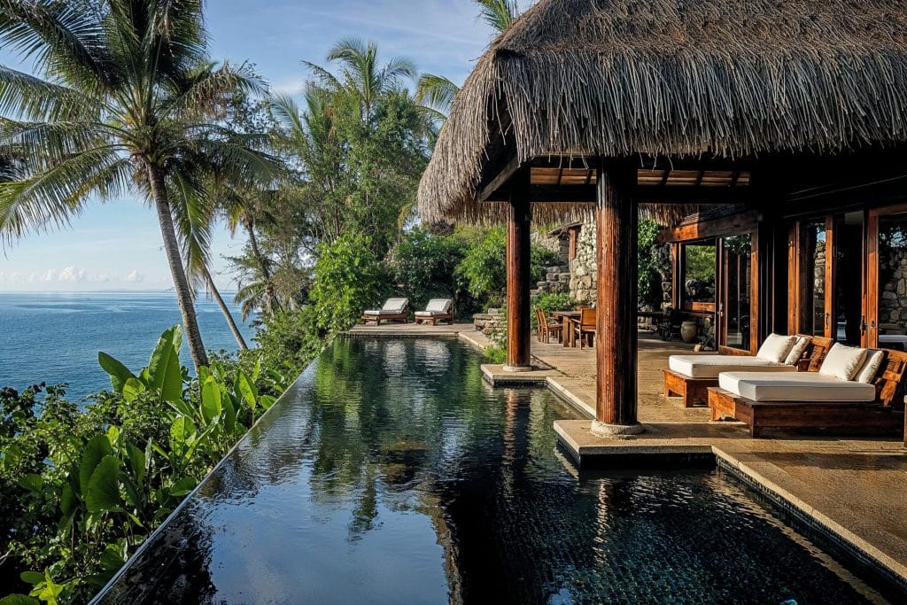 Tropical poolside decor and layout by Decorilla
