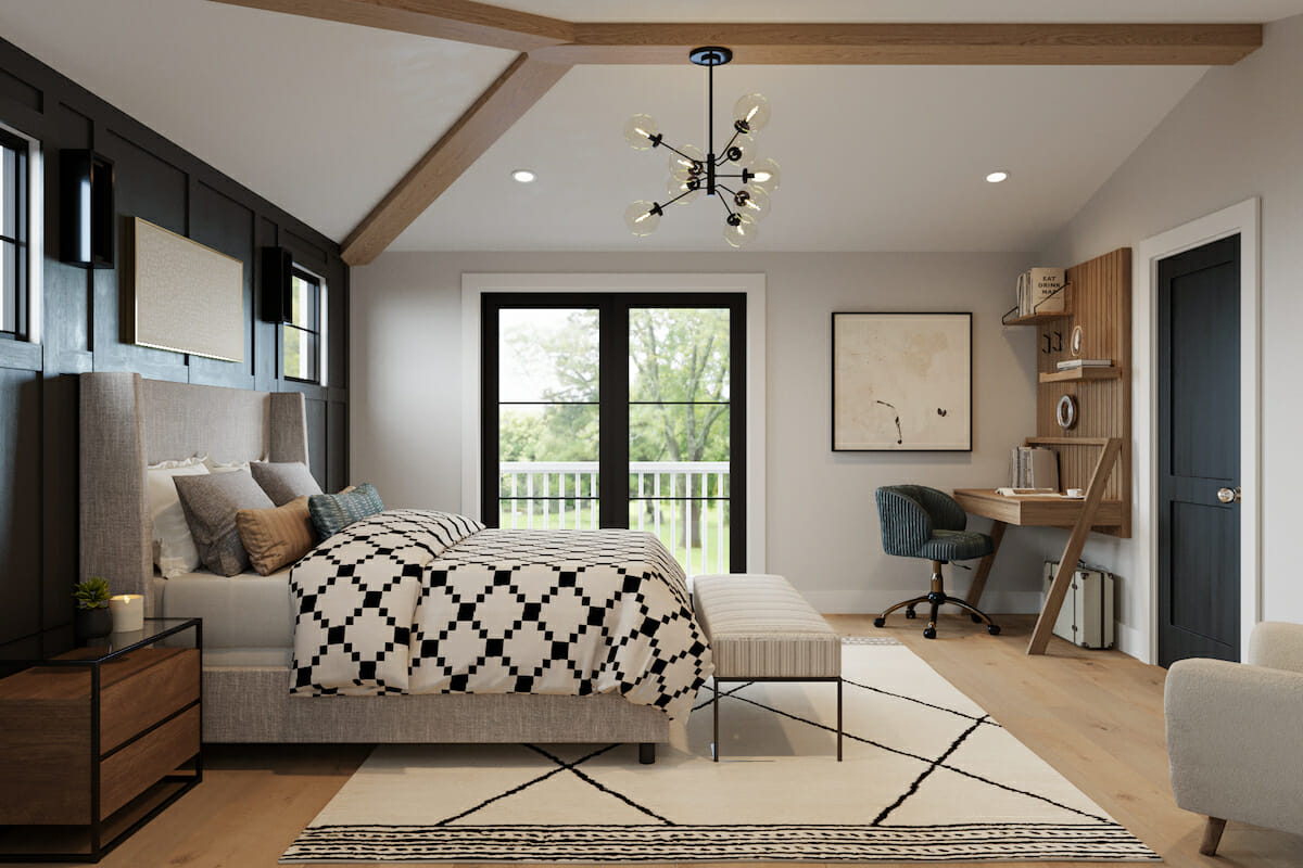 Bedroom finished in rustic farmhouse interior design