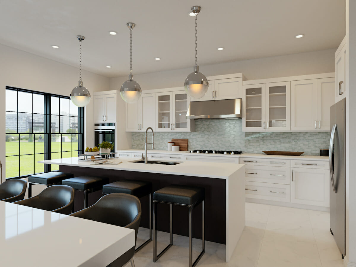 Contemporary open plan kitchen and dining by Casey H