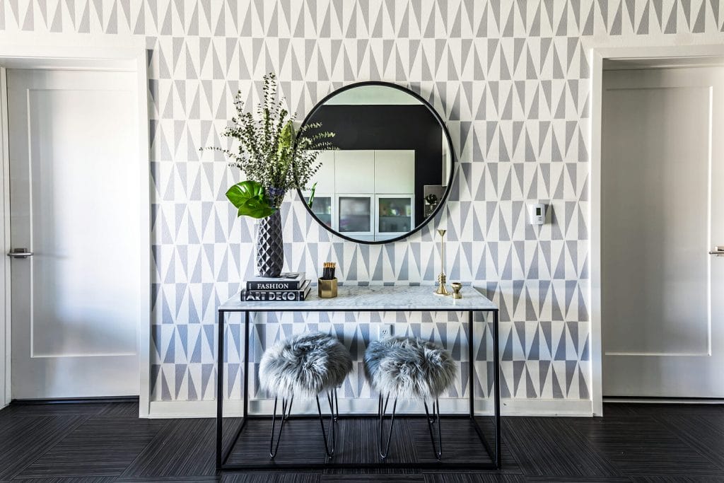 Entryway decor ideas with accent wallpaper, by Decorilla designer, Michelle B.