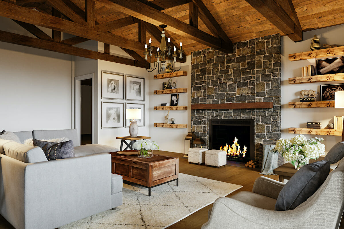 Lodge style living room with fireplace