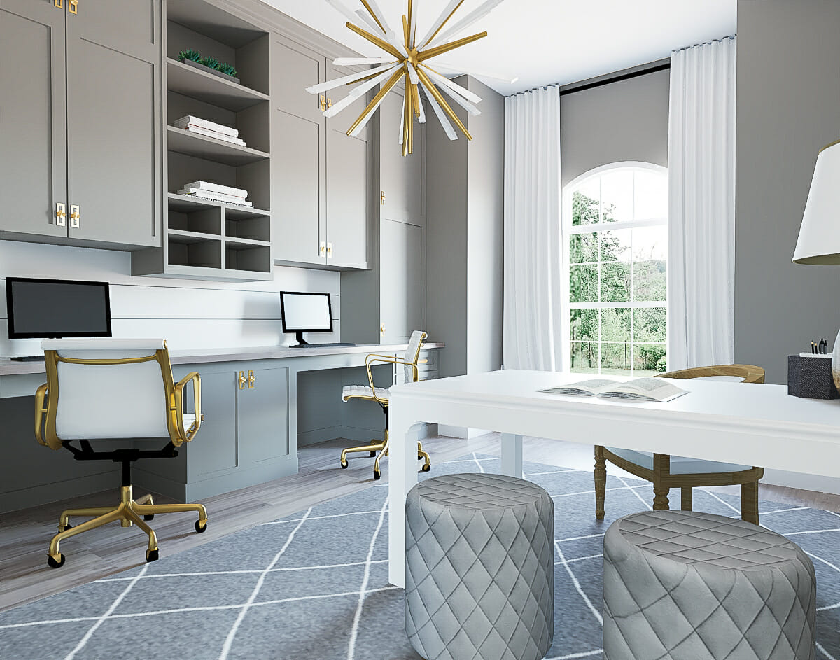 Monochrome vertical storage in a home office by Decorilla designer Mary Beth