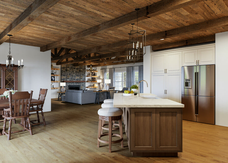 Open plan living and dining room in rustic interior design