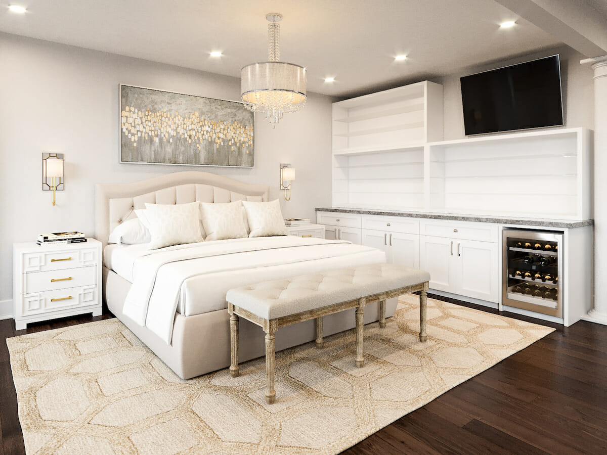 Transitional bedroom design with storage and wine cooler