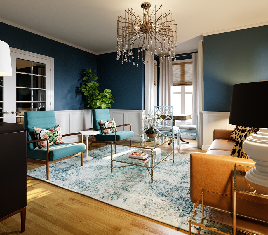 vintage eclectic living room with dark blue walls