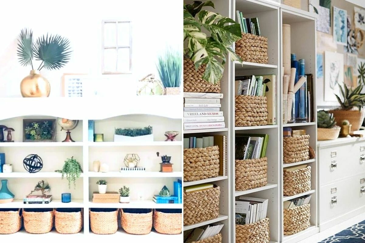 baskets as book shelf decor ideas