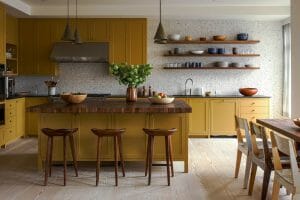 Bright mustard yellow kitchen cabinets - Studio Shamshiri