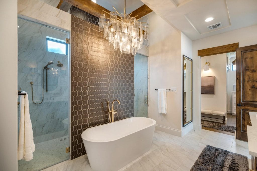 Creative bathroom lighting in an interior by Decorilla designer, Erica G.